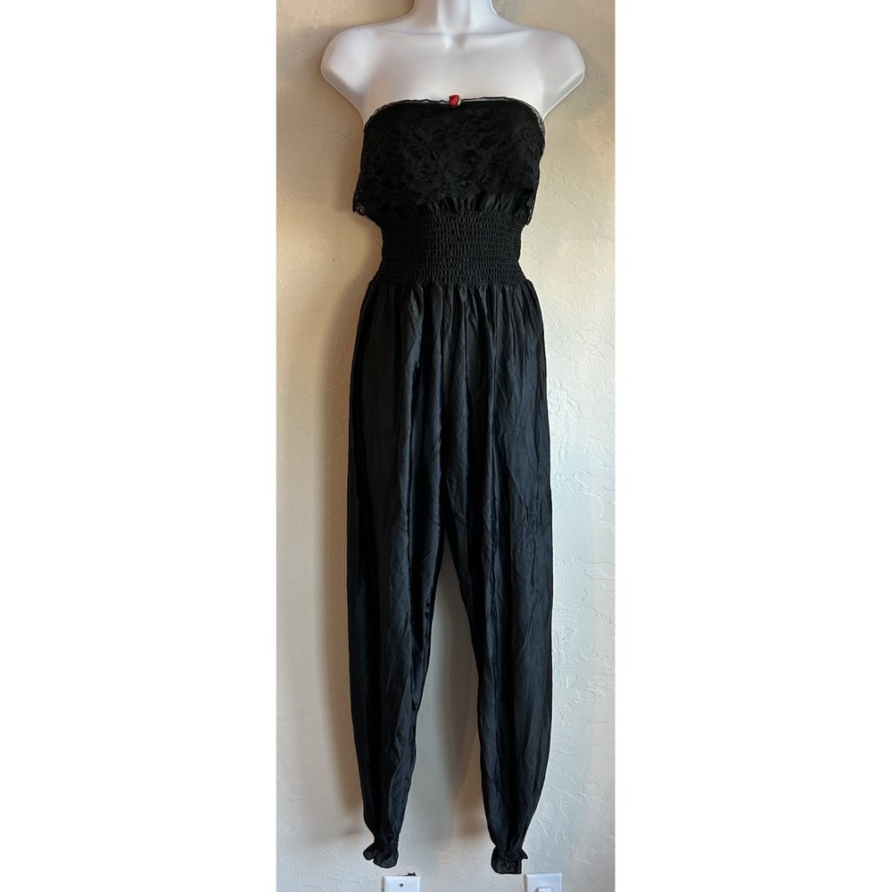 Vintage Undercover Wear Nylon Lingerie Jumpsuit L Lace‎ Strapless Smocked Black